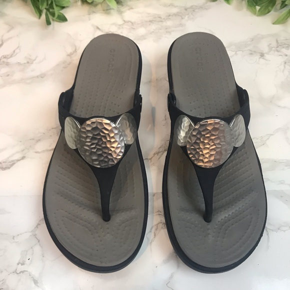 CROCS Shoes | 33 Crocs Dual Comfort Navy Slight Wedge Sandals | Poshmark